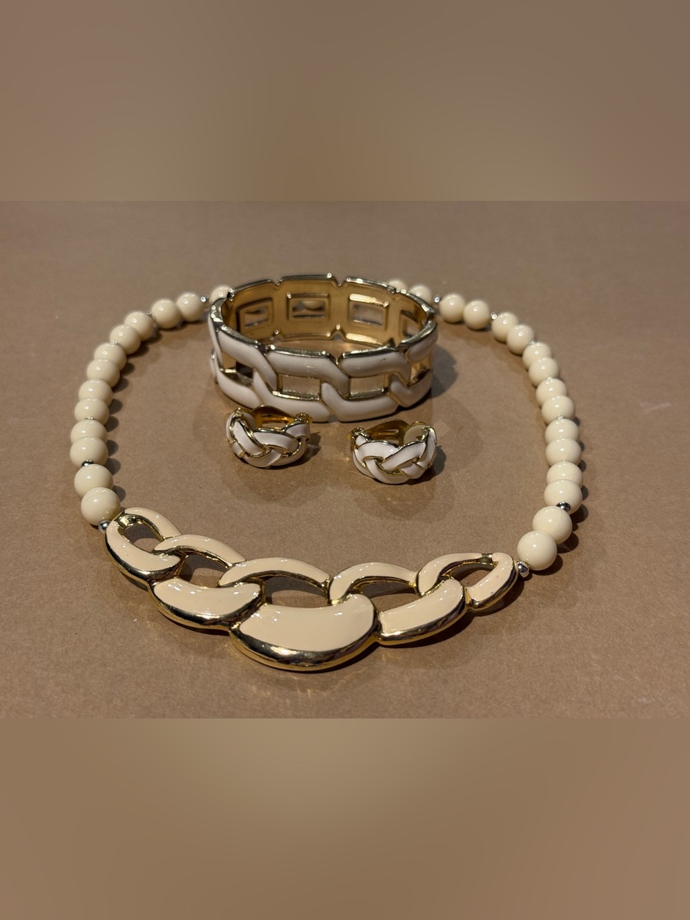 Vintage Enameled Cream and Gold Link Necklace, Bracelet & Earring Set